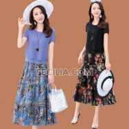 Đầm Voan in Hoa váy rộng tay ngắn, Thời trang mùa hè |FAW396