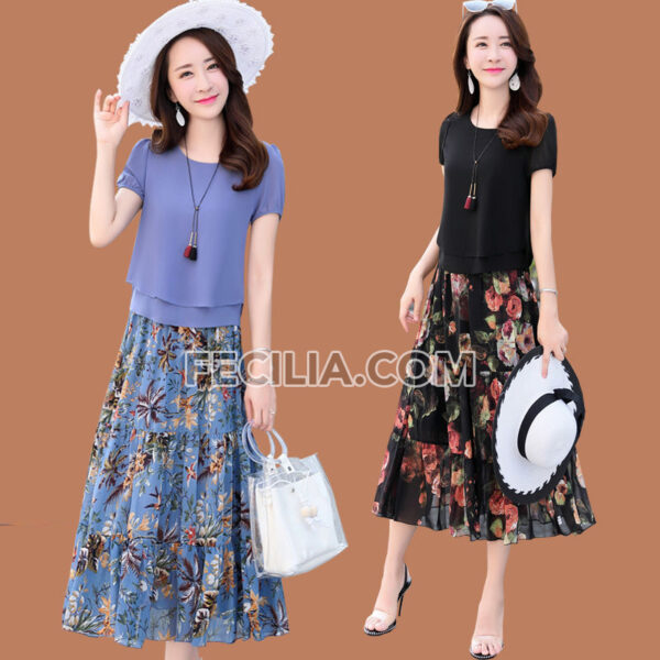 Đầm Voan in Hoa váy rộng tay ngắn, Thời trang mùa hè |FAW396