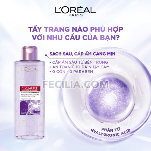 Nước Tẩy Trang L'Oreal Paris cho da khô và hỗn hợp Revitalift Hyaluronic Acid Micellar Water 400ml |NTT028