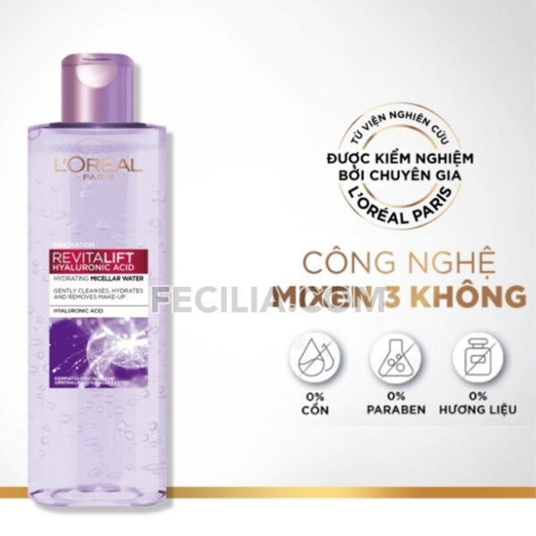 Nước tẩy trang L'Oreal Paris Pure Revitalift Hyaluronic Acid 400ml cho da mụn và da khô |NTT035