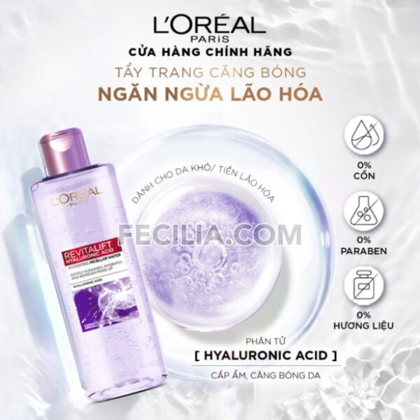 Nước tẩy trang L'Oreal Paris Pure Revitalift Hyaluronic Acid 400ml cho da mụn và da khô |NTT035