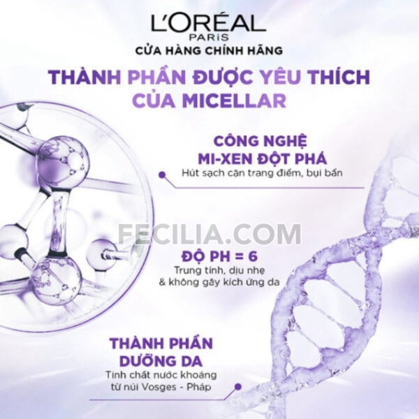 Nước tẩy trang L'Oreal Paris Pure Revitalift Hyaluronic Acid 400ml cho da mụn và da khô |NTT035