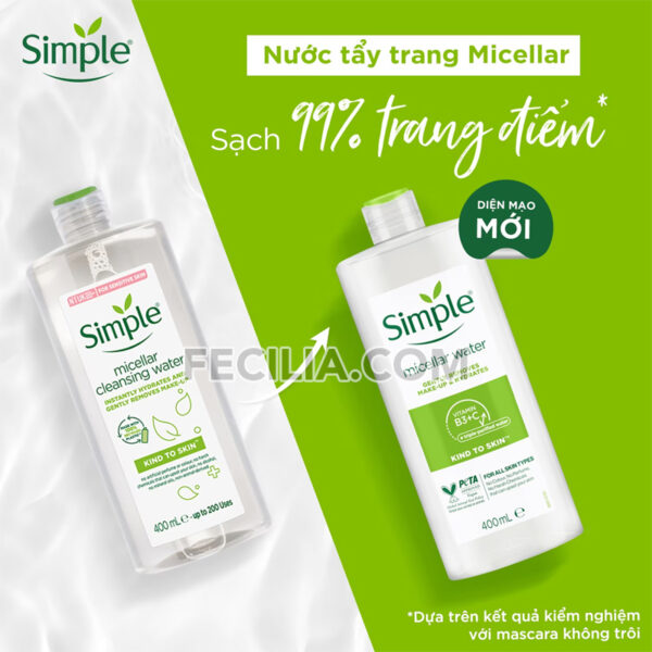 Nước Tẩy Trang Simple Micellar dịu nhẹ và cấp ẩm cho Da 400ml |NTT013