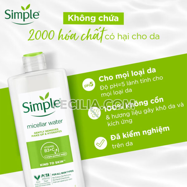 Nước Tẩy Trang Simple Micellar dịu nhẹ và cấp ẩm cho Da 400ml |NTT013