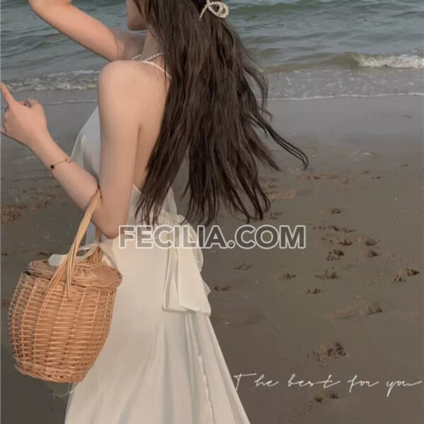 Váy 2 dây hở lưng màu trắng cổ chữ V |FAW446