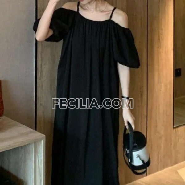 Váy liền thân 2 dây màu xanh lá, trễ vai, Form rộngFAW384