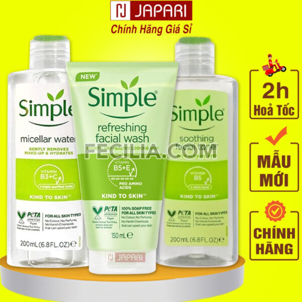 Combo Sữa Rửa Mặt + Nước Tẩy Trang + Toner Nước Hoa Hồng + Kem Dưỡng Ẩm Simple Chính Hãng |NTT090
