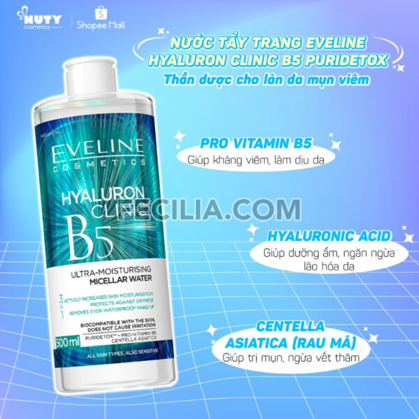 Nước tẩy trang Eveline Hyaluron Clinic B5 Puridetox cho da mụn |NTT054