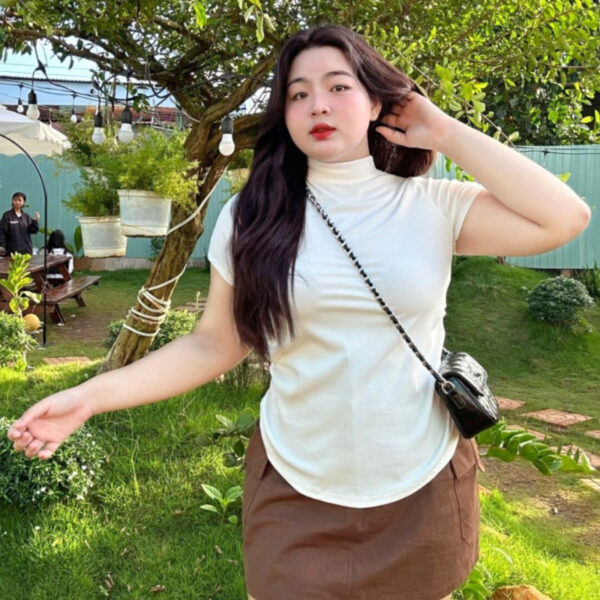Áo thun bigsize Cổ cao nữ tay ngắn chiết eo dáng ôm chất gân tăm | ATNU069