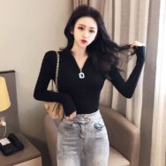 Áo Thun Cổ Lọ Dáng Ôm Có Khóa Kéo Phong Cách Hàn Quốc Thời Trang Cho Nữ | ATNU063