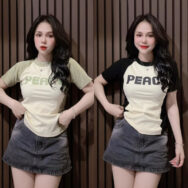 Áo thun Nữ cổ tròn tay ngắn baby tee , áo thun nữ dáng ôm in chữ PEACE màu kem màu đen vải cotton cao cấp | ATNU048