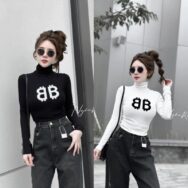 Áo thun Nữ tay dài in chữ BB cổ lọ | ATNU112