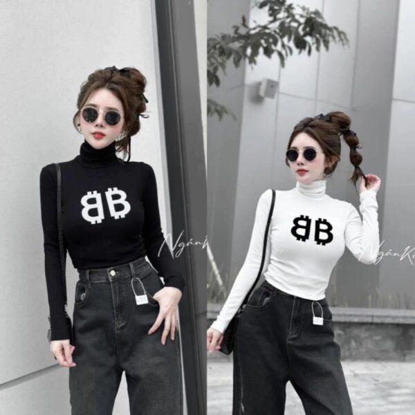 Áo thun Nữ tay dài in chữ BB cổ lọ | ATNU112
