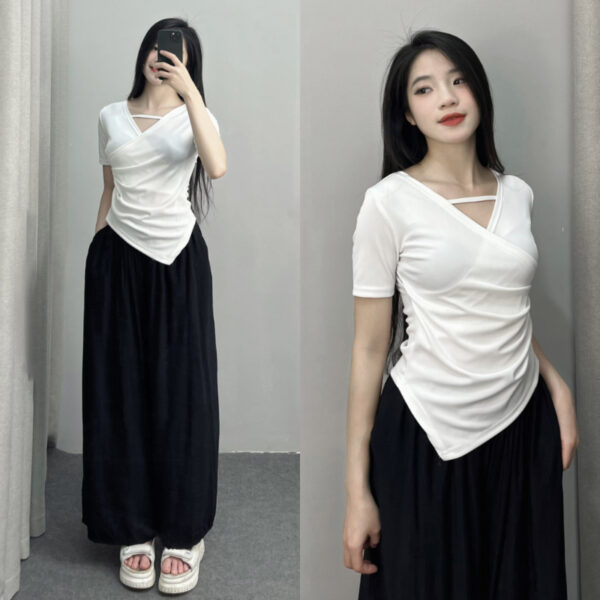 Áo Thun Nữ tay ngắn, cổ tim Form rộng thiết kế Nhún Eo Mix Dây Ngang | ATNU037