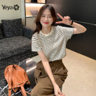 Áo thun nữ YEYA cổ tròn sọc cổ điển ngắn tay mùa hè dáng rộng áo thun thường ngày | ATNU012