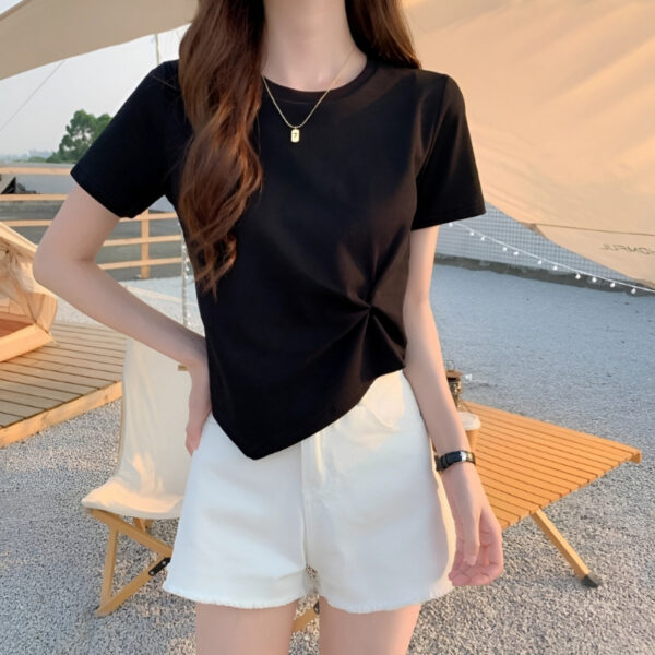 Áo thun tay lỡ cổ tròn baby tee nữ SUNTEE kiểu phông tay ngắn nhún eo vải cotton trơn co giãn thoáng mát | ATNU008