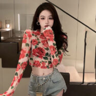 Áo Croptop Tay Dài Phối Lưới In Họa Tiết Retro Thời Trang Cho Nữ | ATNU158