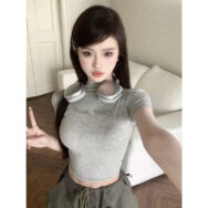 Áo Thun Croptop Ngắn Tay Đính Đá Cổ Lọ Ôm Dáng Vừa Vặn Cho Nữ | ATNU155