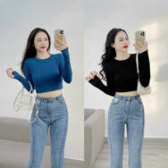 Áo thun dáng ôm nữ tăm QC Croptop cổ tròn tay dài xỏ ngón phom ôm sát | ATNU149
