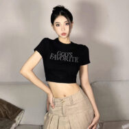Áo Thun Lửng Croptop Ngắn Tay In Chữ Đính Đá Thời Trang Cho Nữ | ATNU163