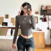 Áo Thun Nữ Croptop cổ tròn tay dài màu nâu Dễ Phối Đồ Phong Cách Vintage | ATNU150