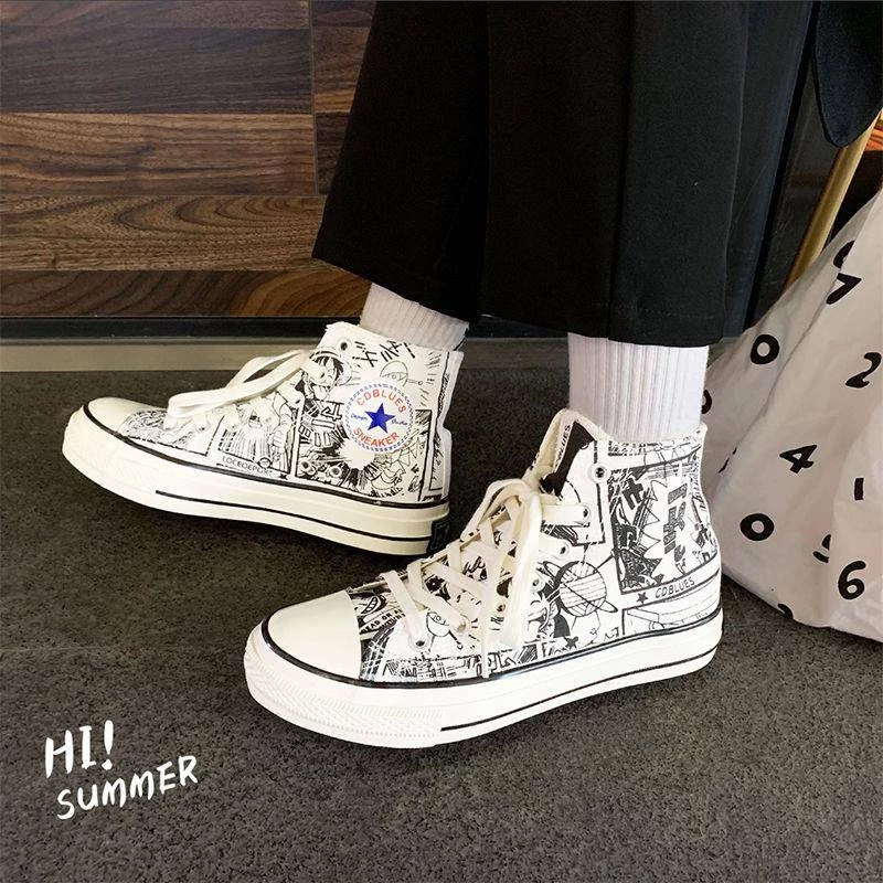 Giày Vải Học Sinh. Giày Thể Thao Canvas Cổ Cao Họa Tiết Anime One Piece 2021 Thời Trang Cho Nam